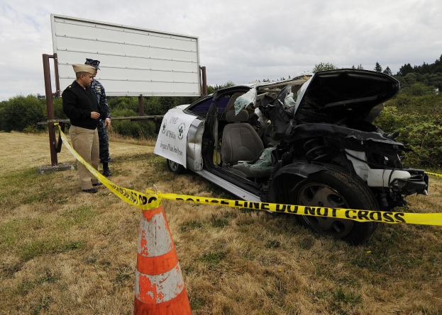 Polizist in Uniform inspiziert ein schwer beschädiges Auto mit eingedöllter Haube und zersplitterten Fenstern am Straßenrand, mit einem Verkehrskegel und Band in der Nähe gegen einen Hintergrund von Bäumen und einer bewölkten Himmel.