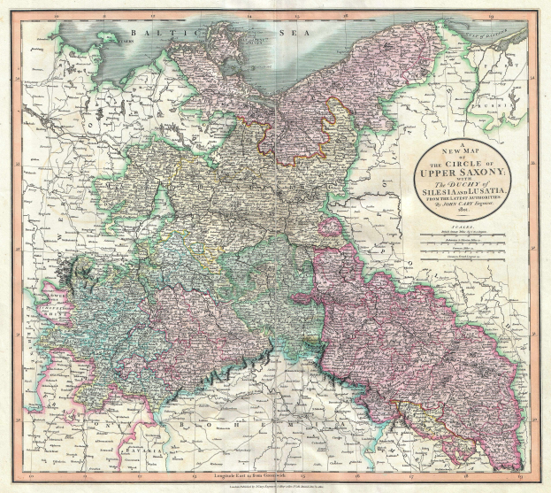 Ein altes Kartenbild des Ober-Sachsen-Gebiets in Deutschland, detailliert mit Provinzen, Städten und geografischen Merkmalen, in Blau-, Grün-, Gelb-, Rot- und Orangetönen koloriert, mit klassischer Schriftart und einem schmalen schwarzen Rand.
