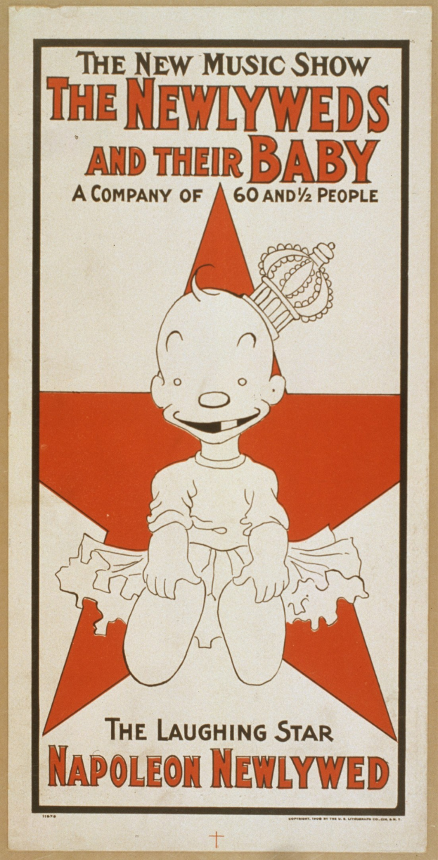 Plakat für "Die neue Musikshow: Die frisch Verheirateten und ihr Baby" mit einer Cartoon-Baby in einem weißen Strampler mit einer pinken Krawatte, das gegen einen hellblauen Hintergrund mit verstreuten Sternen und fetter schwarzer Schrift lächelt.