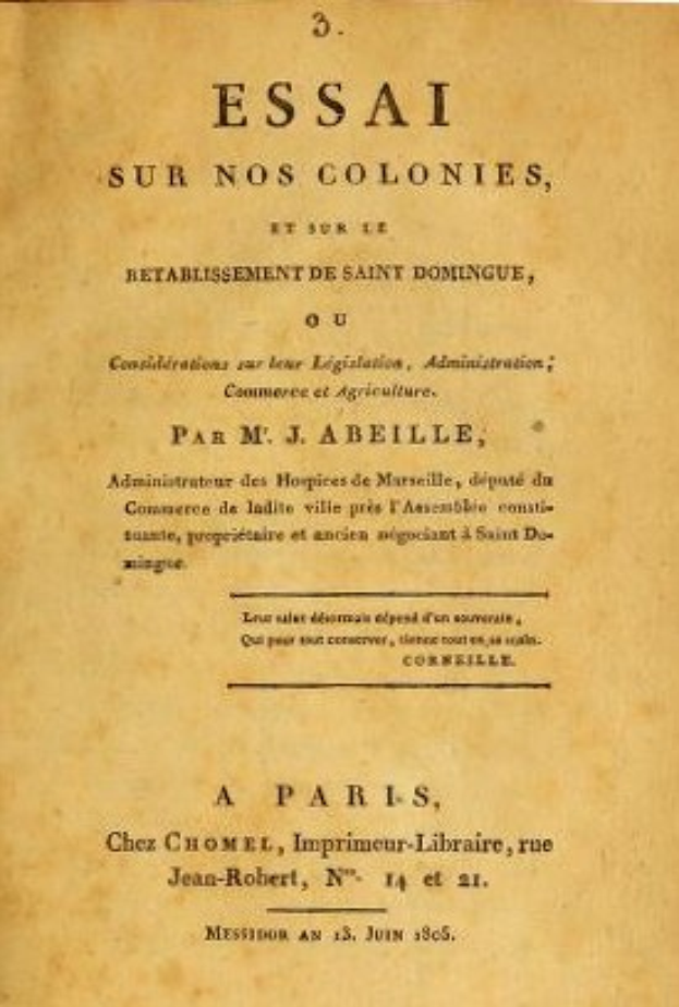 Deckblatt eines alten Buches mit dem Titel "Essai sur nos Colonies, et sur l'Établissement de Saint-Domingue", wahrscheinlich eine Sammlung von Essays zur französischen Kolonialgeschichte und Saint-Domingue.