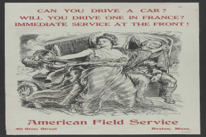 Ein Plakat mit schwarzem Hintergrund, das eine Frau und einen Mann zeigt, mit der Aufschrift "Kannst du ein Auto fahren? Wirst du eines in Frankreich fahren? Sofortdienst an der Front."