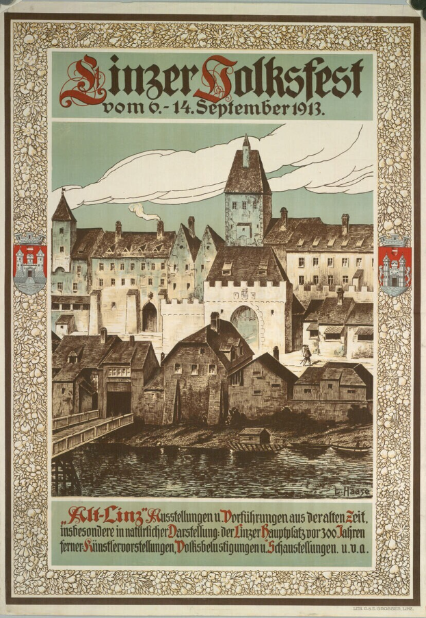 Ein alter Plakat für ein Festival in Deutschland, das ein Schloss zeigt, umgeben von Häusern und Text mit Festival-Informationen.