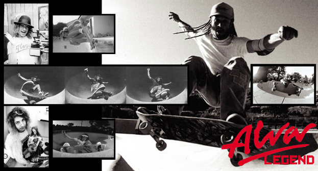 Eine Person auf einem Skateboard mit Bildern von Personen im Hintergrund und Text unten.