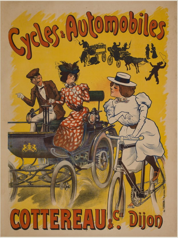 Plakat zur Ankündigung von Fahrrädern und Automobilen in Cottereau und Dijon, Frankreich, mit Menschen auf Fahrrädern und einer Kutsche