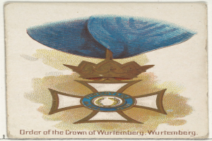 Ein Plakat mit dem Logo und der Aufschrift "Orden der Krone von Württemberg" in Blau und Gold mit einer goldenen Einfassung und fetter schwarzer Schrift.