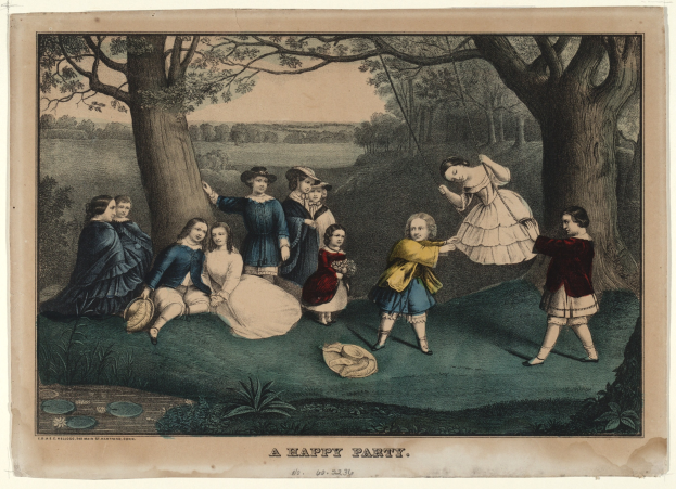 Gruppe von Kindern, die in einem Park mit Bäumen, Pflanzen und Gras spielen; einige sitzen, andere stehen; Text unten lautet "Eine fröhliche Party".