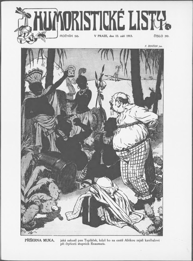 Eine Schwarz-Weiß-Zeichnung einer Gruppe von Menschen in einer Dschungelszene, mit Bäumen im Hintergrund und Text oben und unten, der "Humoristické Listy - V Praze, 12. April 1913" lautet.