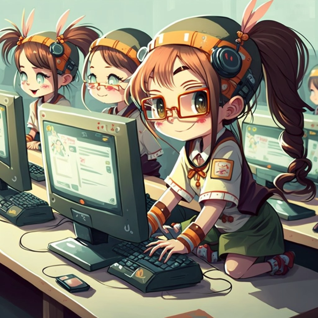 Anime-stil Illustration von mehreren Mädels mit Kopfhörern und Brille, die an Computern auf einem Schreibtisch mit Monitoren, Tastaturen und anderen Gegenständen arbeiten, vor einer neutralen Wand.