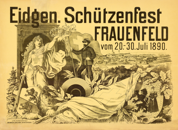 Ein Vintage-Plakat bewirbt das Eidgen Schützenfest in Frauenfeld, Deutschland, mit einem Mann im Anzug und einer Frau im Kleid nebeneinanderstehend und Text mit Informationen zum Event.