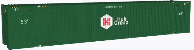 Ein grüner Seecontainer mit der Aufschrift "Hub Group" vor einem weißen Hintergrund.