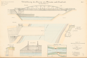 Eine alte Buchseite mit einer detaillierten Zeichnung einer Brücke über einen Fluss und Text zur Beschreibung des Baus eines Damms.