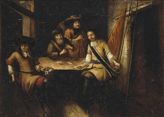 Gemälde mit dem Titel "Das Kartenspiel" von Rembrandt van Rijn, das eine Gruppe von Menschen zeigt, die in einer Schenke Karten spielen.