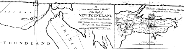 Eine detaillierte Schwarz-Weiß-Karte von Neufundland, die geografische Merkmale wie Flüsse, Berge und Städte zeigt, mit begleitendem Text, der zusätzliche Informationen über die Gegend und ihre Bewohner bereitstellt.
