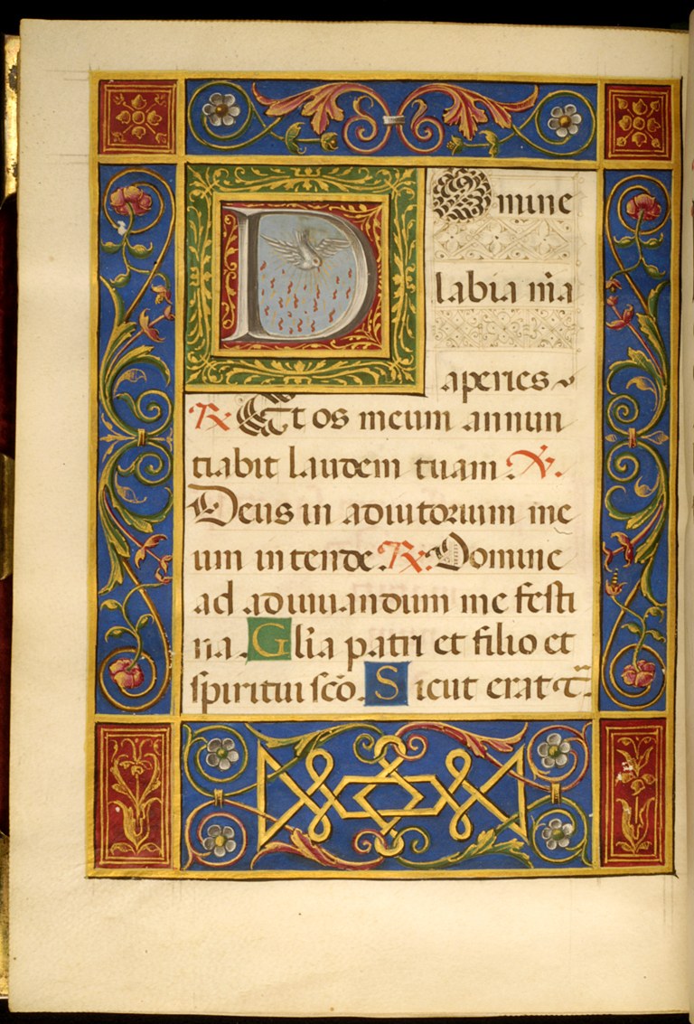 Ein offenes Buch, das ein illuminiertes Manuskript mit einem großen, verzierten Buchstaben 'D' zeigt, der von kunstvollen Entwürfen und Text in leuchtenden Farben umgeben ist.