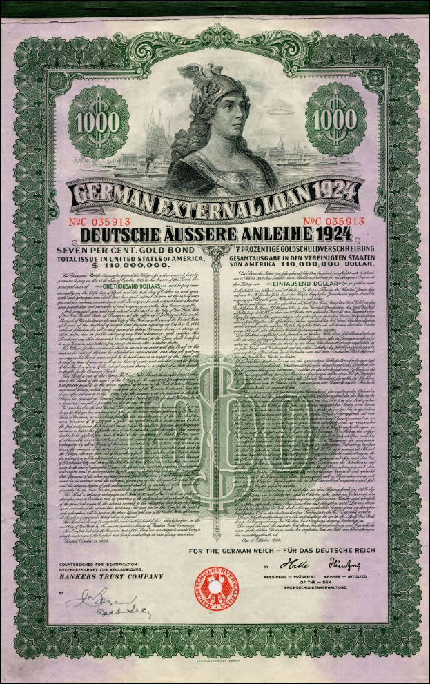 Alte deutsche Auslandsanleihe von 1924 mit Porträt einer Frau, bedrucktem Text und handgeschriebenen Zahlen zur Bezeichnung.