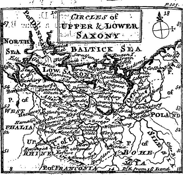 Eine detaillierte schwarz-weiße Karte von Ober- und Niedersachsen, die geographische Merkmale wie Flüsse, Berge und Städte zeigt, mit informativem Text darübergelegt.