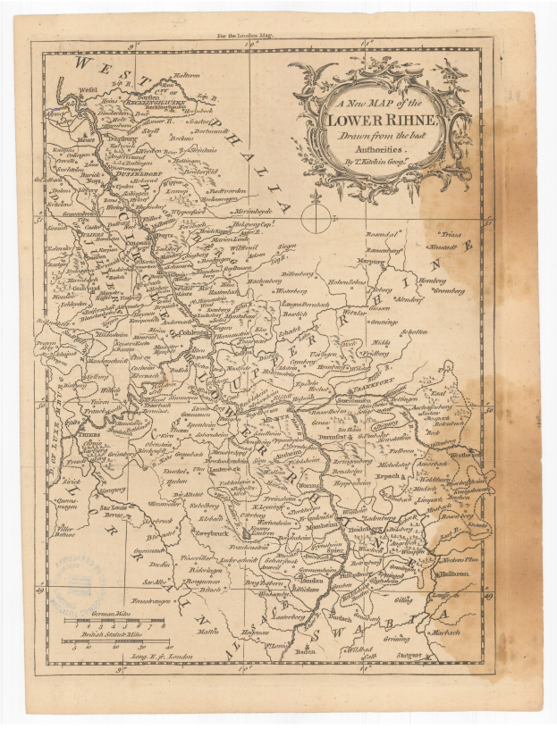 Alte Landkarte der Niederrhein-Region mit Flüssen, Bergen und Städten in klassischer Typografie.