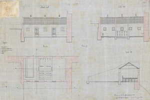 Ein detaillierter Architekturplan eines Gebäudes mit zahlreichen Fenstern, als Grundriss für eine neue Schule bezeichnet, einschließlich Text und Layout-Details.