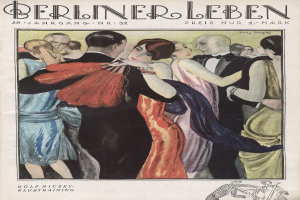 Ein Magazin-Cover mit einem Gemälde eines tanzenden Mannes und einer Frau, wobei der Mann einen Anzug trägt und die Frau ein Kleid trägt, mit der Überschrift 'Berliner Leben' und einem Logo unten.