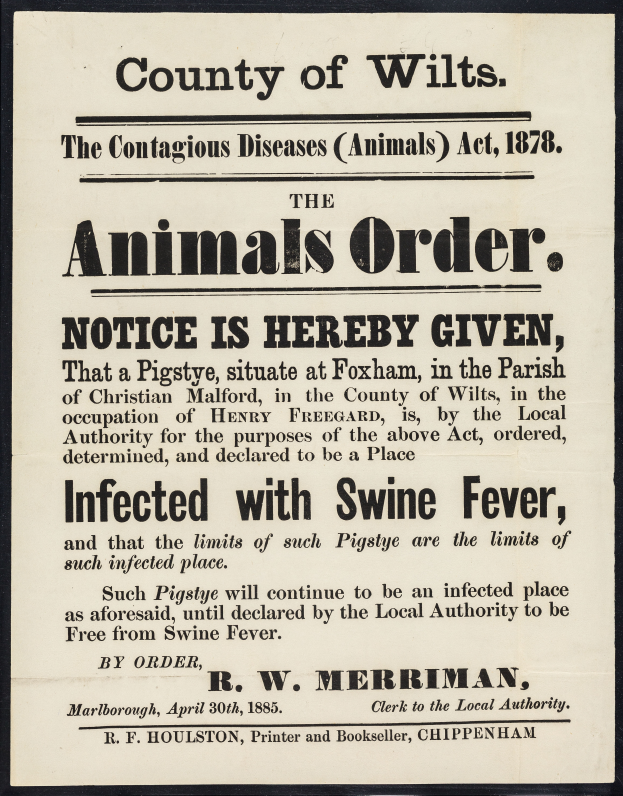Ein Plakat mit der Aufschrift "Der Landkreis Wilts, das Gesetz über ansteckende Tierkrankheiten von 1878: Hiermit wird bekanntgegeben, dass Tiere mit Afrikanischer Schweinepest infiziert sind."