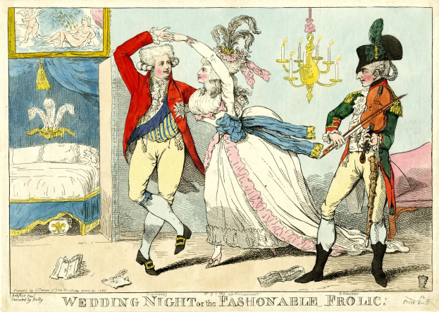 Eine Karikatur eines Mannes und einer Frau, die auf einer Hochzeit tanzen, beleuchtet von einem Kronleuchter, mit einem Bett, einem Wandrahmen und verschiedenen Gegenständen auf dem Boden; unten steht der Text "Hochzeitsnacht oder das Modevergnügen".