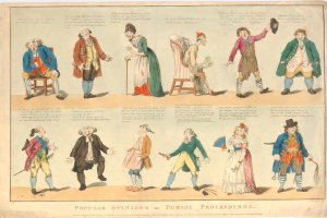 Zeitung mit abgedruckten Bildern von Menschen und handgeschriebenem Text, repräsentiert öffentliche Meinungen zu Verfahren.