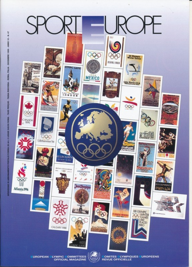 Ein Buchumschlag mit der Aufschrift "Sporting Europe", der farbenfrohe olympische Motive, Symbole und Texte zeigt.