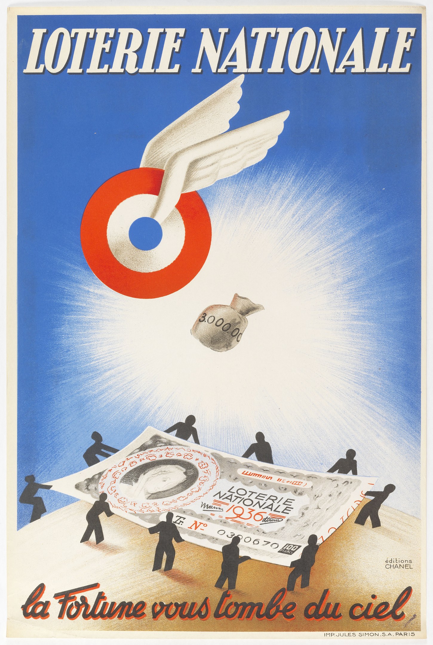 Ein Plakat für eine nationale Lotterie mit einem Bild eines Vogels, der über einen Geldhaufen fliegt, und Text, der die Lotterie und ihre Vorteile beschreibt.