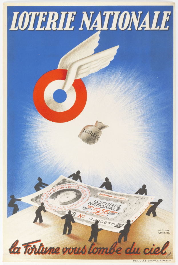 Ein Plakat für eine nationale Lotterie mit einem Bild eines Vogels, der über einen Geldhaufen fliegt, und Text, der die Lotterie und ihre Vorteile beschreibt.