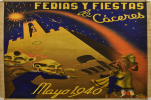 Ein bunter Plakat auf einer Gebäudewand, das ein Karneval in Mexiko bewirbt, mit Cartoon-Bildern und Text.