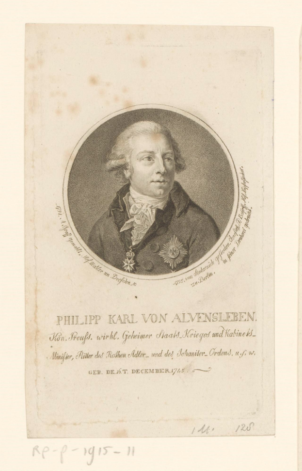 Porträt von Philipp Karl von Alvensleben, einem deutschen Staatsmann, der einen Anzug und eine Krawatte trägt und ernst schaut, mit dunklem Haar und vor der Brust verschränkten Händen, der zur Seite schaut mit Text über dem Bild.