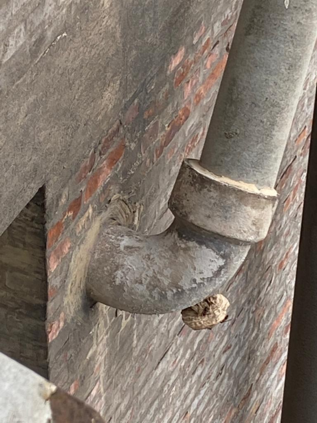 Nahaufnahme eines Metallrohrs bei Reparaturarbeiten an einer Gebäudefassade, umgeben von verstreuten Werkzeugen und Materialien.
