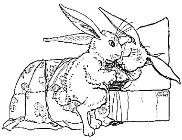 Zeichnung in Schwarz-Weiß von zwei Hasen auf einem Sofa mit einem Kissen dahinter, umgeben von Ostereier- und Hasen-Malvorlagen auf einem weißen Hintergrund.