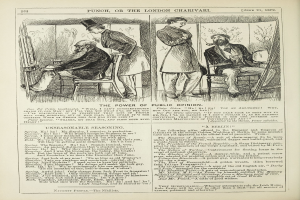 Ein altes Buchcover mit einem Mann in einem Stuhl sitzend und einer Frau danebenstehend mit nachdenklichem Gesichtsausdruck, betitelt "Die Macht der öffentlichen Meinung."