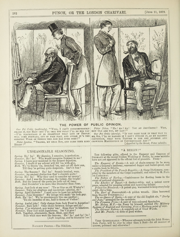 Ein altes Buchcover mit einem Mann in einem Stuhl sitzend und einer Frau danebenstehend mit nachdenklichem Gesichtsausdruck, betitelt "Die Macht der öffentlichen Meinung."