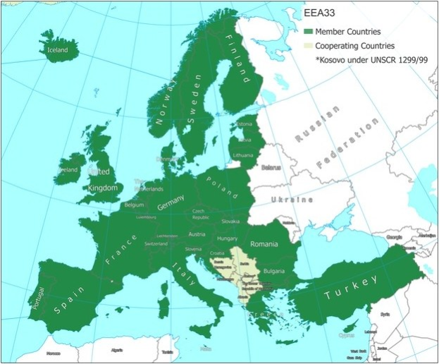 Eine Europa-Karte, die die Mitgliedstaaten der Europäischen Union mit Ländernamen, Grenzen, großen Städten, Flüssen und geografischen Merkmalen hervorhebt.