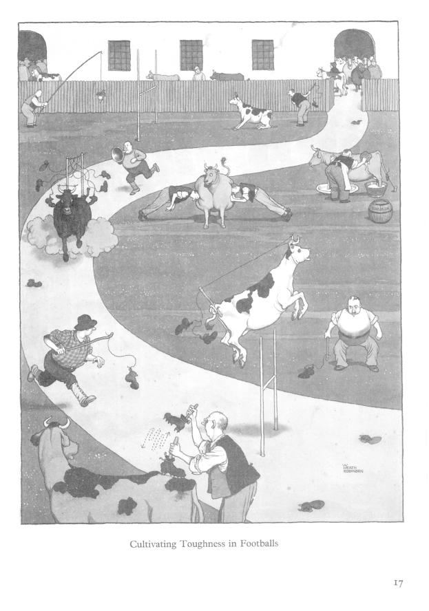 Schwarzes und weißes Zeichnen von Menschen und Tieren in einem Feld mit einer Wand und Fenstern im Hintergrund, das den Text "Härte im Fußball kultivieren" unten zeigt.