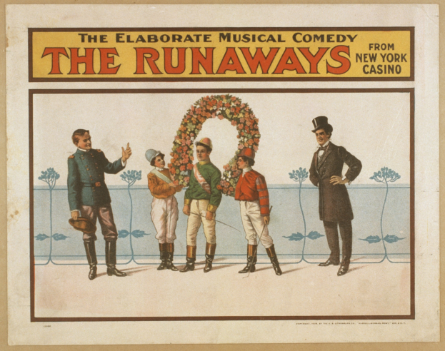 Plakat für die Musical-Comedy "Runaways" aus dem New Yorker Casino, das eine Gruppe von Menschen in einer Reihe zeigt, wobei einer einen Blumenstrauß hält und Textbeschreibungen des Shows.