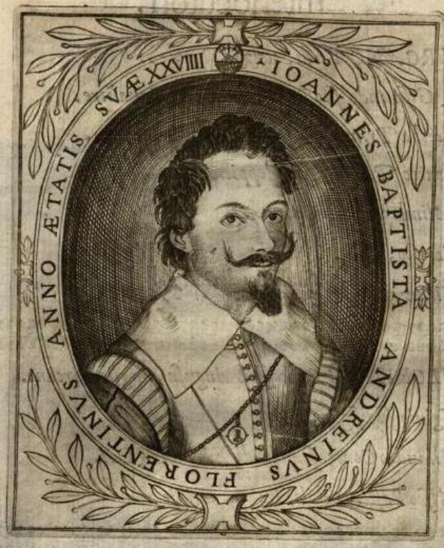 Eine Gravur eines bärtigen Mannes mit Schnurrbart, identifiziert als Andrea Florentinus, der ein Papier mit Text hält.