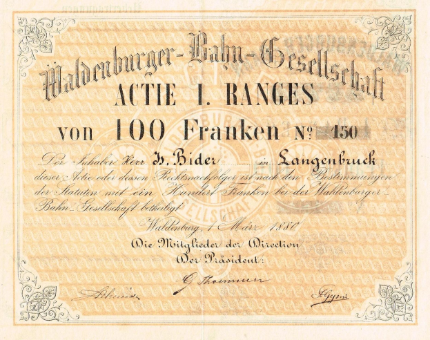 Alte deutsche Banknote mit Porträt eines Mannes und Text "Haldenburger-Balm Gesellschaft Actie 1 Ranges".
