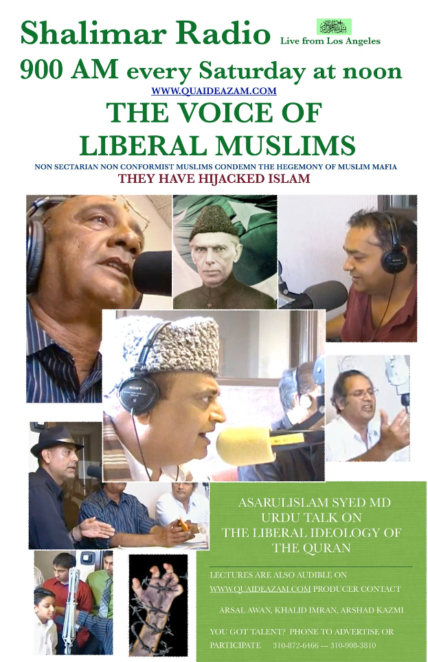 Plakat, das eine Radiosendung mit dem Titel "Die Stimme der liberalen Muslime" ankündigt, mit Bildern von Menschen mit Kopfhörern und Mikrofonen in einem Gespräch.