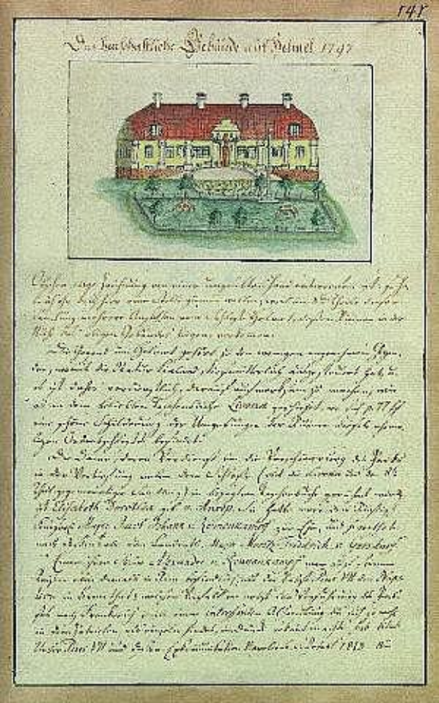 Ein altes Dokument mit einer detaillierten Zeichnung eines Hauses mit rotem Dach und weißen Wänden, das als die Schleswig-Holstein-Schule von Delmar in Deutschland im Jahr 1797 gilt, unterzeichnet von der Schule.