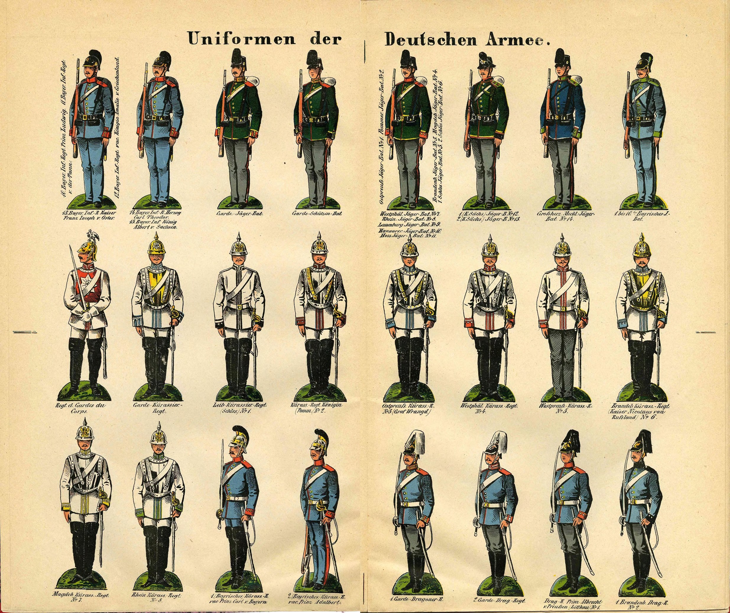 Ein Buch, das verschiedene bunt gefärbte Militäruniformen der deutschen Armee zeigt, mit detaillierten Elementen wie Helmen, Gewehren und anderen Waffen.