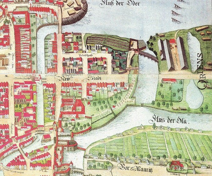 Detailiertes altes Stadtplan von Stuttgart, Deutschland, mit Straßen, Gebäuden, Bäumen, Gras, Wasser und Text mit Informationen zur Bevölkerung, Geschichte und Kultur.