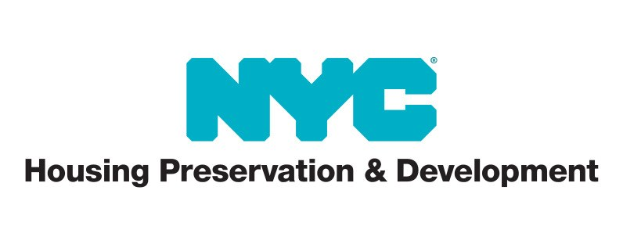 Weißer Hintergrund mit zentrierter fetter schwarzer Schrift "NYC Housing Preservation & Development" in einem dünnen schwarzen Rahmen.