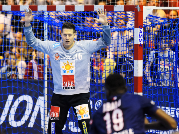 Ein Handballspieler hebt die Hände in der Nähe eines Tores bei der Futsal-Weltmeisterschaft 2019, mit Zuschauern im Hintergrund und einem Netz im Vordergrund.