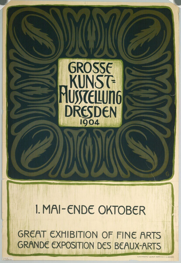 Plakat für die Große Kunstausstellung der Grand Exposition des Beaux-Arts in Dresden, Deutschland, 1904, mit fettgedrucktem Text, der das Ereignis ankündigt.