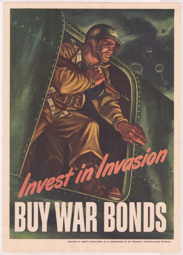 Plakat mit einem Soldaten in einem Helm und einer Militäruniform, der eine Waffe hält und den Text "Investiere in die Invasion, Kaufe Kriegsanleihen" darüber trägt, der Entschlossenheit vermittelt.