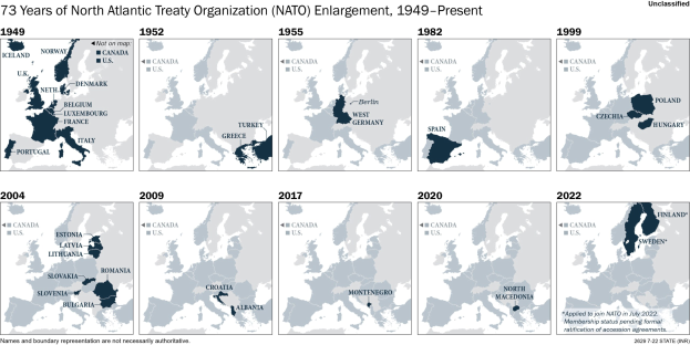 Eine Zeitachsenkarte, die die NATO-Erweiterung von 1949 bis heute zeigt, wobei die Regionen farblich nach dem Jahr des Beitritts unterteilt sind.