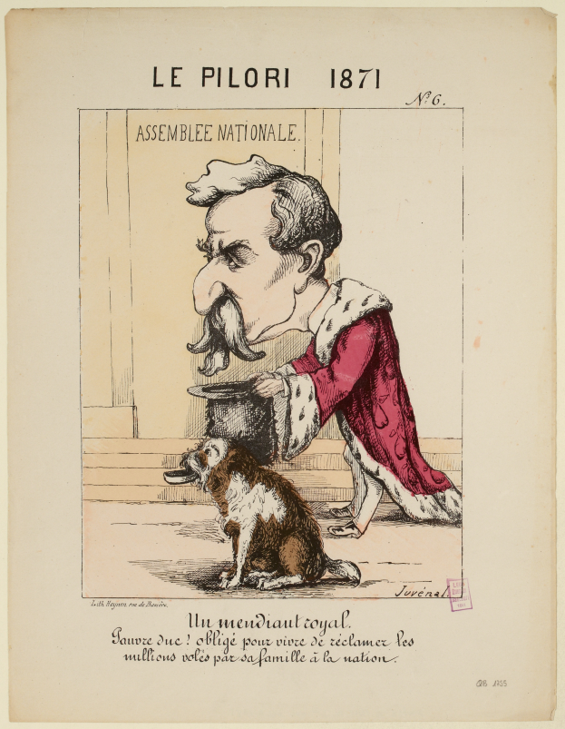 Eine Karikatur eines Mannes in einem roten Gewand mit ernster Miene, der neben einem Hund mit aufgestellten Ohren steht, mit der Aufschrift "Le Pilori 1871" auf einem Papier.